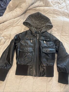 Jou Jou Girls Faux Leather Hooded Jacket Sz Small
